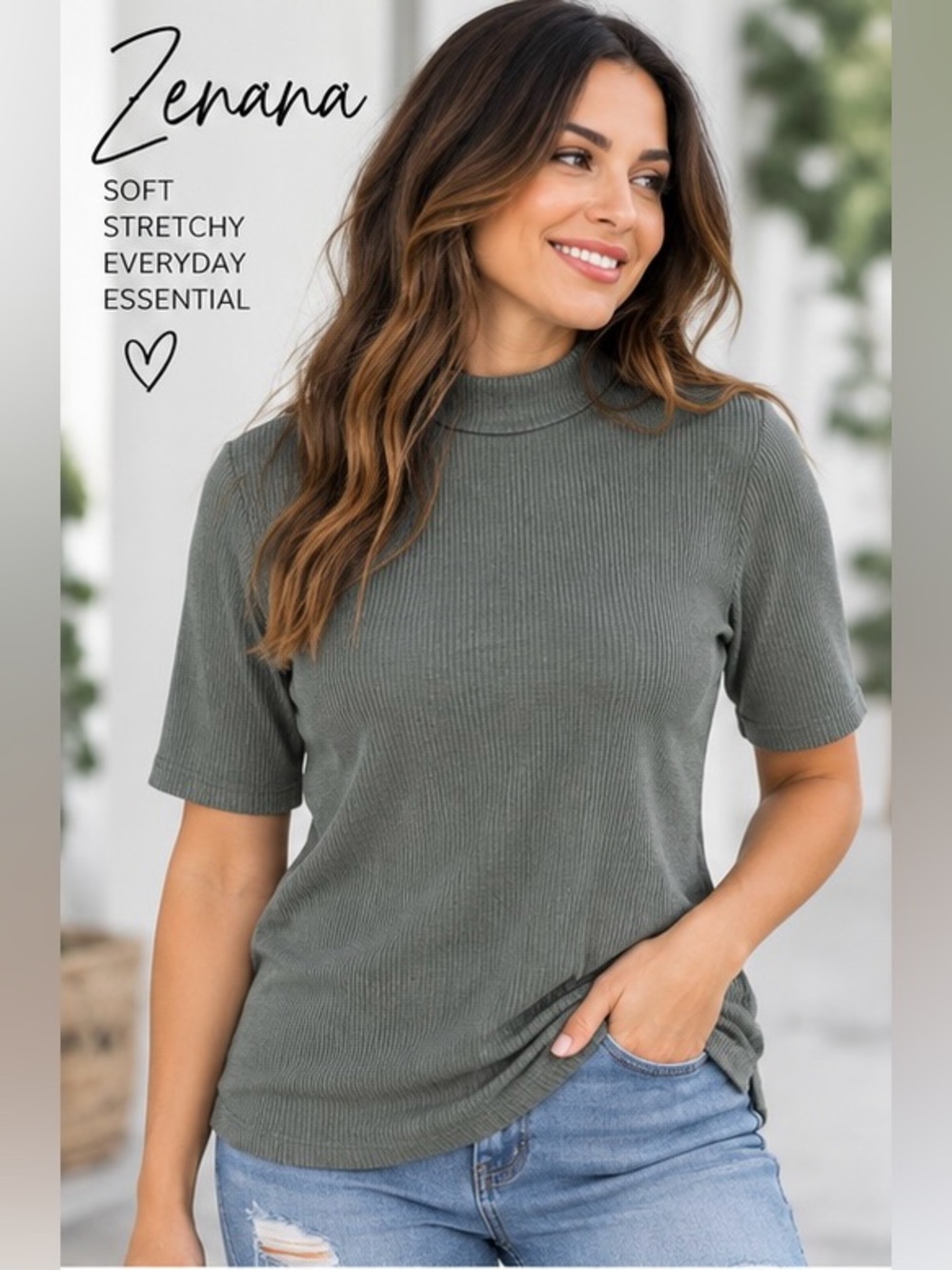 Zenana Outfitters Ash Jade Ribbed Short Sleeve Mock Neck Top NWOT